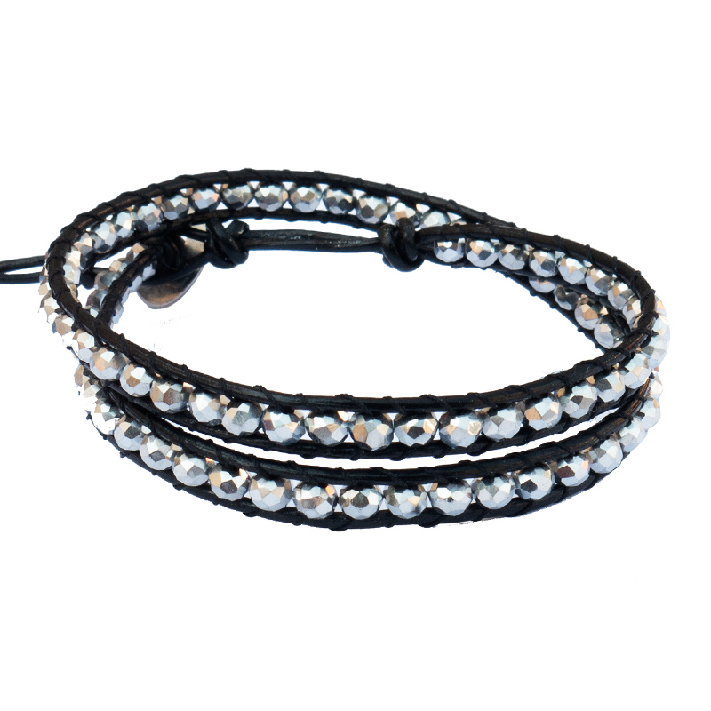 Jt Δερμάτινο διπλό βραχιόλι - κολιέ τσόκερ με κρύσταλλα Ασημί